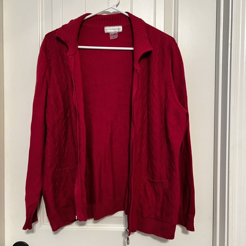 Allison Daley Cardigan Sweater Maroon Long Sleeve Textured Knit Full Zip Pockets - Picture 3 of 13